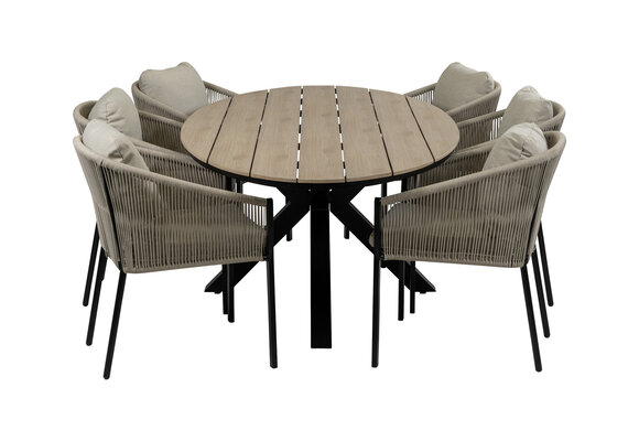 7-teiliges Garten-Set | 6 Elvira Gartenstühle (Schwarz) | 220 cm ovaler Limasol-Gartentisch (Wood)