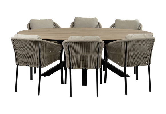 7-teiliges Garten-Set | 6 Elvira Gartenstühle (Schwarz) | 220 cm ovaler Limasol-Gartentisch (Wood)