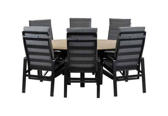 7-teiliges ovales Garten-Set | 6 Berlin Gartenstühle (Schwarz) | Gartentisch Limasol 220 cm (Wood)