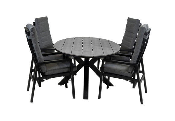 5-teiliges ovales Garten-Set | 4 Berlin Gartenstühle (Schwarz) | Gartentisch Limasol 180 cm (Grau)