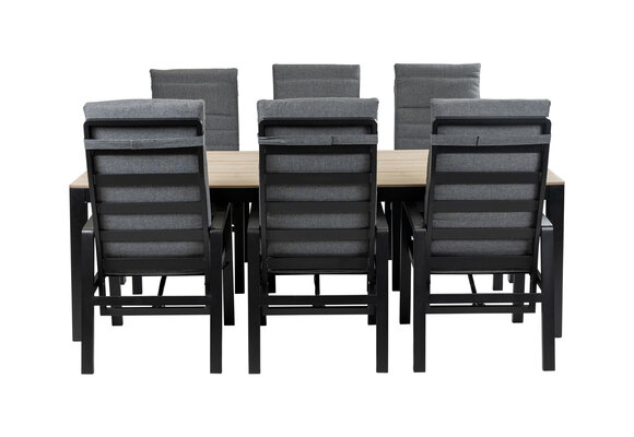 7-teiliges Garten-Set | 6 Berlin Gartenstühle (Schwarz) | Gartentisch Limasol 225 x 100 cm (Wood)