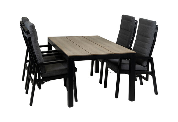 5-teiliges Garten-Set | 4 Berlin Gartenstühle (Schwarz) | Gartentisch Limasol 180x 100 cm (Wood)