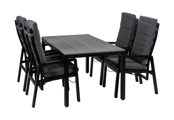 5-teiliges Garten-Set | 4 Berlin Gartenstühle (Schwarz) | Gartentisch Limasol 160 x 90 cm (Grau)