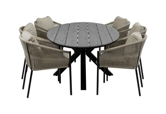 7-teiliges Gartenset | 6 Elvira Gartenstühle (Sand) | 220 cm ovaler Gartentisch Limasol (Grau)
