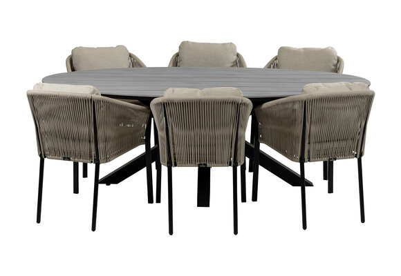 7-teiliges Gartenset | 6 Elvira Gartenstühle (Sand) | 220 cm ovaler Gartentisch Limasol (Grau)