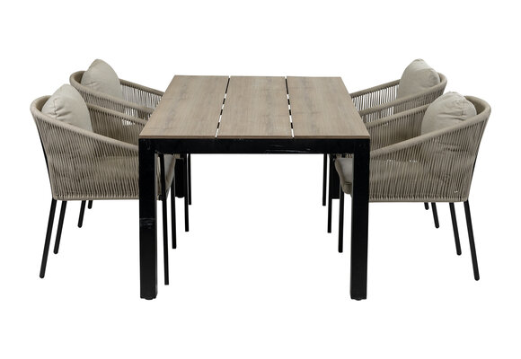 5-teiliges Garten-Set | 4 Elvira Gartenstühle | Limasol Gartentisch (180 x 100 cm) | Schwarz & Wood