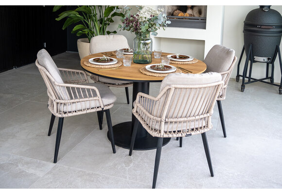 5-teiliges Garten-Set | 4 Isabel-Gartenstühle (Sand) | ø 120 cm Tower-Gartentisch (Schwarz)