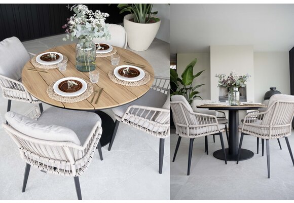 5-teiliges Garten-Set rund | 4 Mona-Gartenstühle (Sand) | ø 120 cm Tower-Gartentisch (Schwarz)