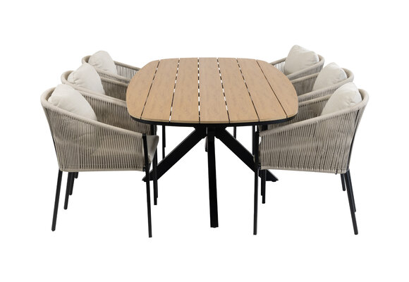 7-teiliges Garten-Set | 6 Elvira Gartenstühle | Gartentisch Cadiz 240 x 115 cm | Schwarz