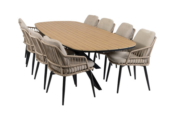 9-teiliges Garten-Set | 8 Isabel Gartenstühle | Gartentisch Cadiz 280 x 115 cm | Sand & Schwarz