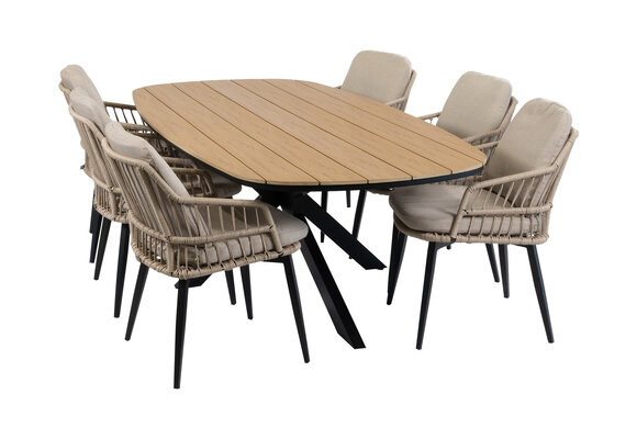 7-teiliges Garten-Set | 6 Isabel Gartenstühle | Gartentisch Cadiz 240 x 115 cm | Sand & Schwarz