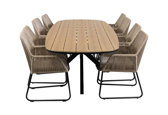 9-teiliges Garten-Set | 8 Mona Gartenstühle | Gartentisch Cadiz 280 x 115 cm | Sand & Schwarz