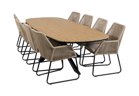 9-teiliges Garten-Set | 8 Mona Gartenstühle | Gartentisch Cadiz 280 x 115 cm | Sand & Schwarz