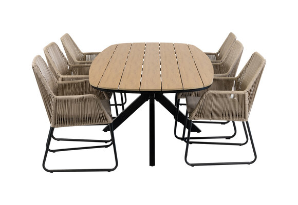7-teiliges Garten-Set | 6 Mona Gartenstühle | Gartentisch Cadiz 240 x 115 cm | Sand & Schwarz