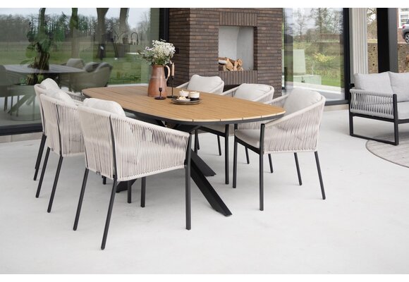 7-teiliges Garten-Set | 6 Mona Gartenstühle | Gartentisch Cadiz 240 x 115 cm | Sand & Schwarz