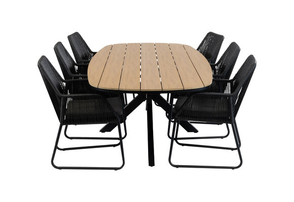7-teiliges Garten-Set | 6 Mona Gartenstühle | Gartentisch Cadiz 240 x 115 cm | Schwarz