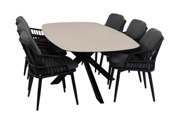 7-teiliges Garten-Set | 6 Isabel Gartenstühle | Malaga Gartentisch 240 x 115 cm | Schwarz