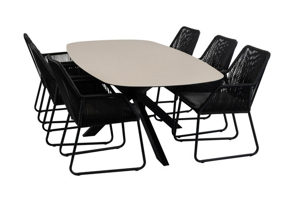 7-teiliges Garten-Set | 6 Mona Gartenstühle | Malaga Gartentisch 240 x 115 cm | Schwarz
