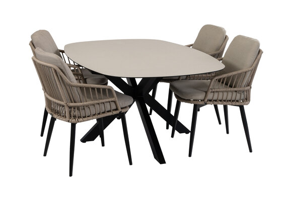 5-teiliges Garten-Set | 4 Isabel Gartenstühle (Sand) | Malaga Gartentisch 180 x 115 cm (Schwarz)