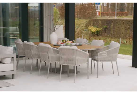 9-teiliges Garten-Set | 8 Isabel Gartenstühle (Sand / Wood) | 260 cm Tower Gartentisch (Camel)