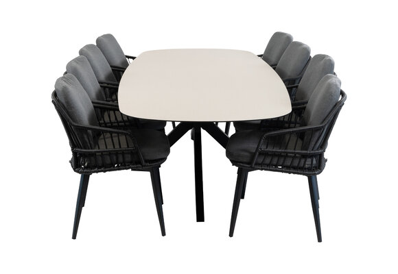 9-teiliges Garten-Set | 8 Isabel Gartenstühle | Gartentisch Malaga 280 x 115 cm | Schwarz