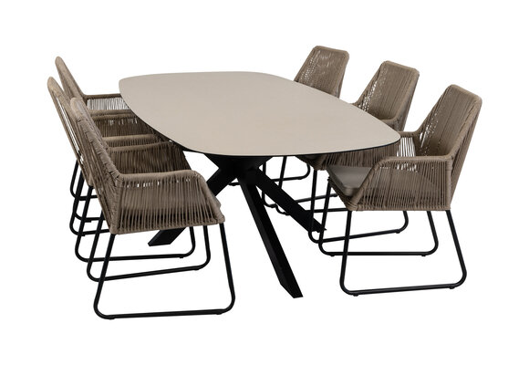 7-teiliges Garten-Set | 6 Mona Gartenstühle (Sand) | Malaga Gartentisch 240 x 115 cm (Schwarz)