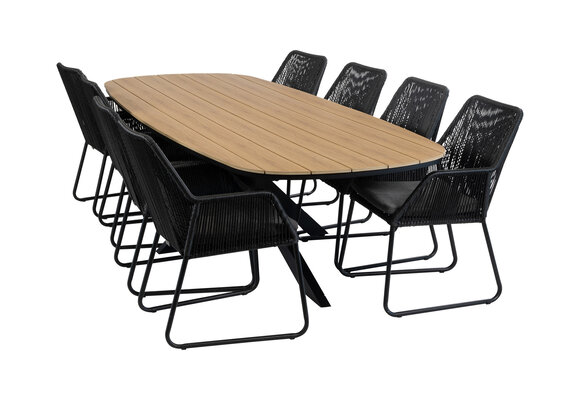 9-teiliges Garten-Set | 8 Mona Gartenstühle | Gartentisch Cadiz 280 x 115 cm | Schwarz