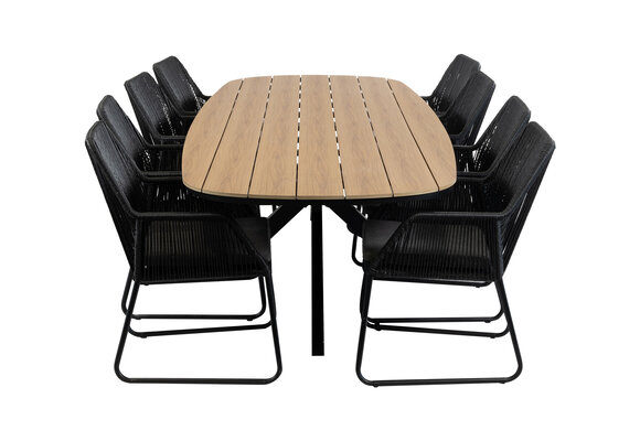 9-teiliges Garten-Set | 8 Mona Gartenstühle | Gartentisch Cadiz 280 x 115 cm | Schwarz