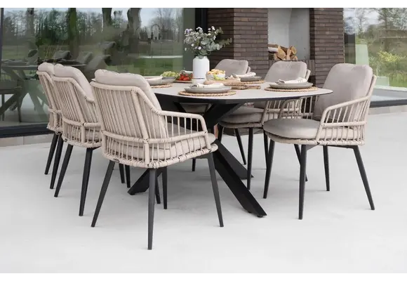 9-teiliges Garten-Set | 8 Isabel Gartenstühle | Gartentisch Malaga 280 x 115 cm | Sand & Schwarz