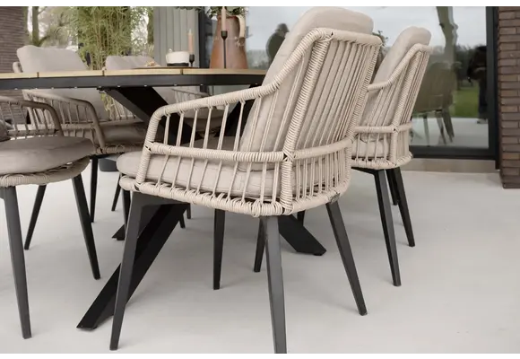 9-teiliges Garten-Set | 8 Isabel Gartenstühle | Gartentisch Malaga 280 x 115 cm | Sand & Schwarz