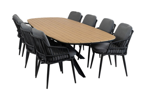 9-teiliges Garten-Set | 8 Isabel Gartenstühle | Gartentisch Cadiz 280 x 115 cm | Schwarz