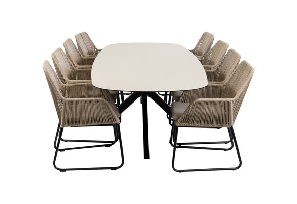 9-teiliges Garten-Set | 8 Mona Gartenstühle | Gartentisch Malaga 280 x 115 cm | Sand & Schwarz