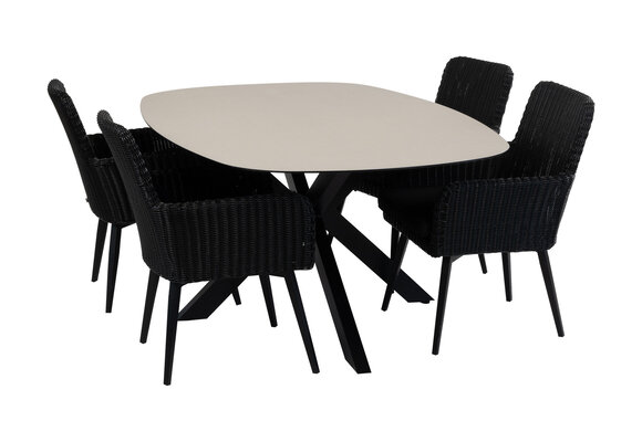 5-teiliges Garten-Set | 4 Pisa Gartenstühle | Malaga Gartentisch 180 x 115 cm | Schwarz