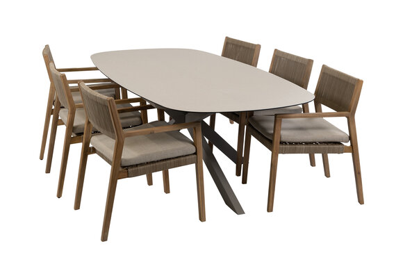 7-teiliges Garten-Set | 6 Felline Gartenstühle (Akazienholz) | Gartentisch Malaga 240 x 115 cm (Camel)