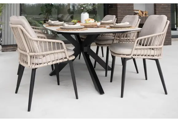 7-teiliges Garten-Set | 6 Isabel Gartenstühle (Sand) | Malaga Gartentisch 240 x 115 cm (Schwarz)