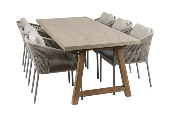 7-teiliges Garten-Set | 6 Elvira Gartenstühle | Rock Gartentisch 235 x 95 cm | Camel & Travetine