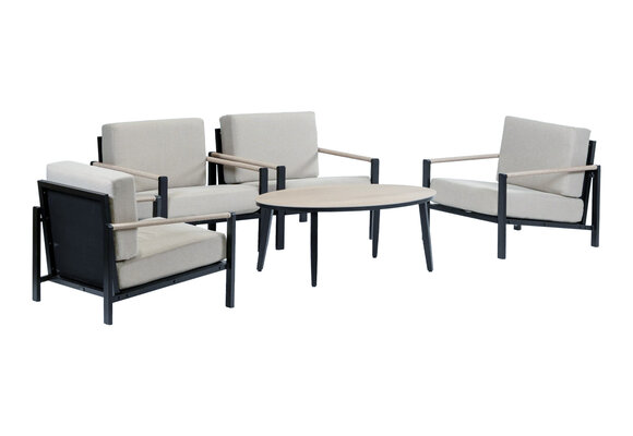 Sessel Lounge-Set | 4 Nosso Lounge-Sessel | Mykonos Beistelltisch oval (120 x 75 cm) | Wood & Sand