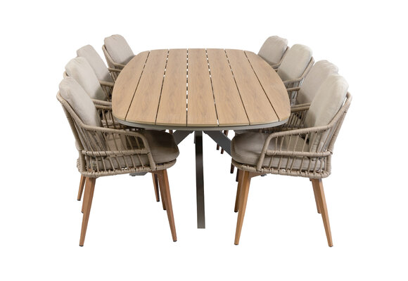 9-teiliges Garten-Set | 8 Isabel Gartenstühle | 280x115 cm Cadiz Gartentisch | Sand & Camel