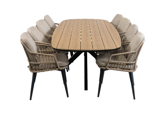 9-teiliges Garten-Set | 8 Isabel Gartenstühle | Gartentisch Cadiz 280 x 115 cm | Sand & Schwarz