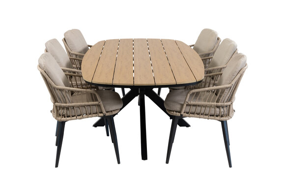 7-teiliges Garten-Set | 6 Isabel Gartenstühle | Gartentisch Cadiz 240 x 115 cm | Sand & Schwarz