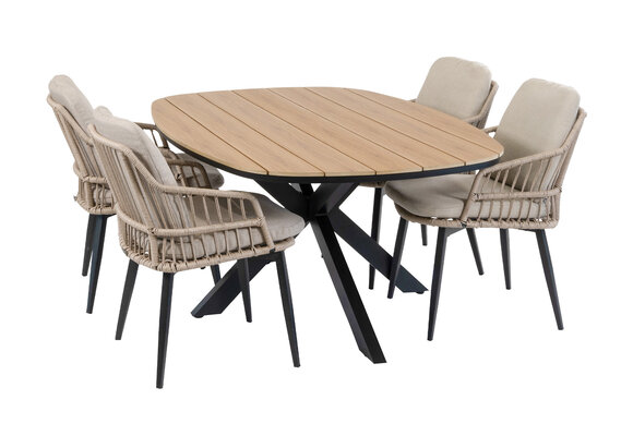 5-teiliges Garten-Set | 4 Isabel Gartenstühle | Cadiz Gartentisch 180 x 115 cm | Sand & Schwarz