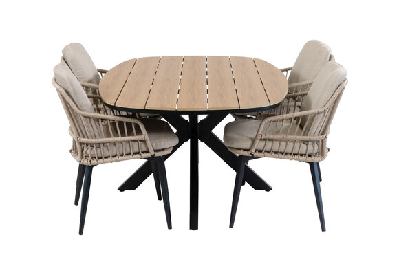 5-teiliges Garten-Set | 4 Isabel Gartenstühle | Cadiz Gartentisch 180 x 115 cm | Sand & Schwarz