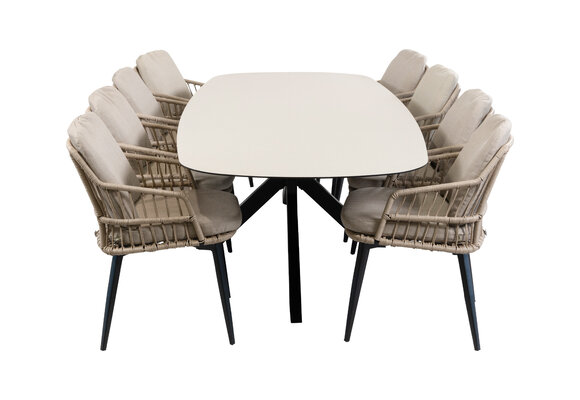 9-teiliges Garten-Set | 8 Isabel Gartenstühle | Gartentisch Malaga 280 x 115 cm | Sand & Schwarz