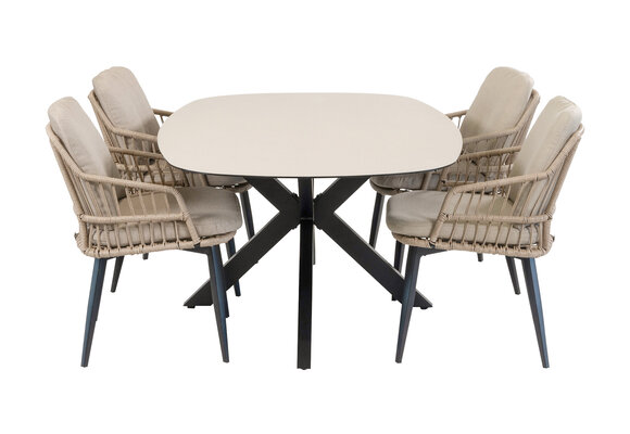 5-teiliges Garten-Set | 4 Isabel Gartenstühle (Sand) | Malaga Gartentisch 180 x 115 cm (Schwarz)