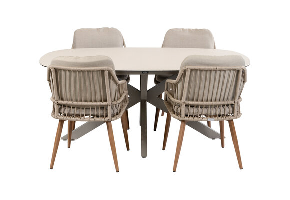 5-teiliges Garten-Set | 4 Isabel Gartenstühle (Sand / Wood) | Malaga Gartentisch 180 x 115 cm (Camel)