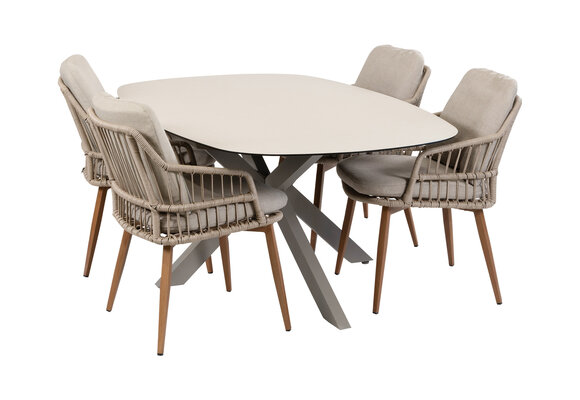 5-teiliges Garten-Set | 4 Isabel Gartenstühle (Sand / Wood) | Malaga Gartentisch 180 x 115 cm (Camel)