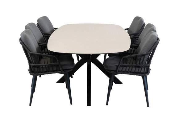 7-teiliges Garten-Set | 6 Isabel Gartenstühle | Malaga Gartentisch 240 x 115 cm | Schwarz