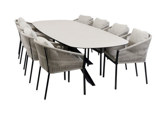 9-teiliges Garten-Set | 8 Elvira Gartenstühle | Gartentisch Malaga 280 x 115 cm | Schwarz