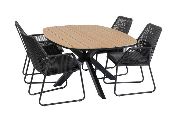 5-teiliges Garten-Set | 4 Mona Gartenstühle | Cadiz Gartentisch 180 x 115 cm | Schwarz