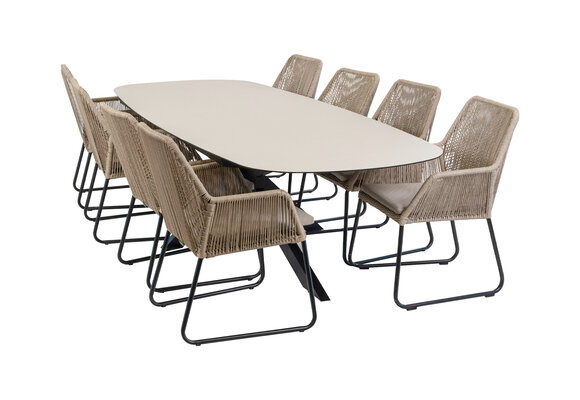 9-teiliges Garten-Set | 8 Mona Gartenstühle | Gartentisch Malaga 280 x 115 cm | Sand & Schwarz